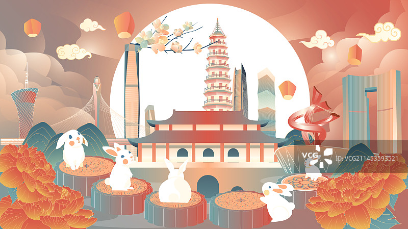 东莞地标建筑群矢量节日横版插画图片素材