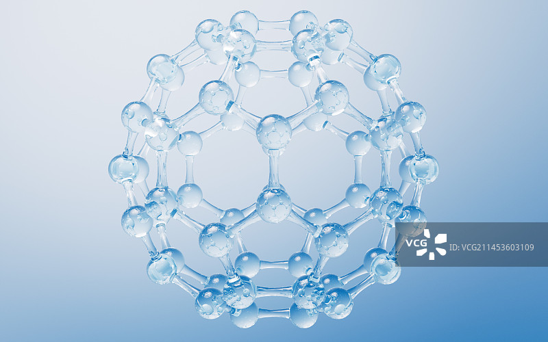 透明分子与蓝色背景3D渲染图片素材