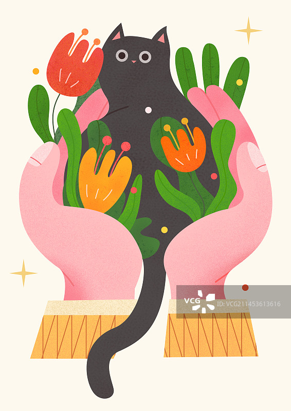 手里捧着鲜花围绕的猫咪插画图片素材