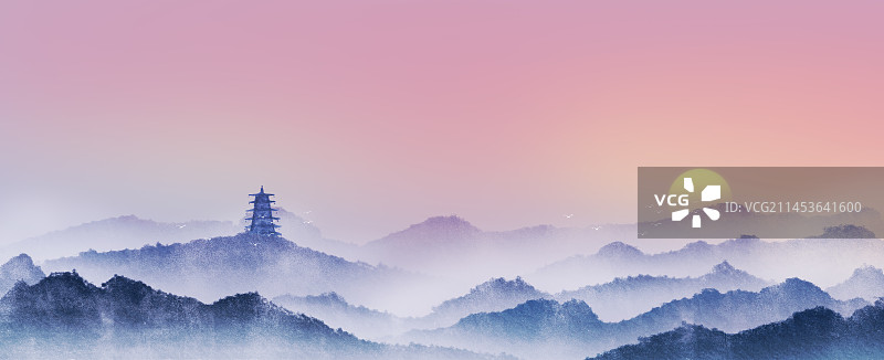 杭州宝塔落日新中式水墨山水风景插画图片素材