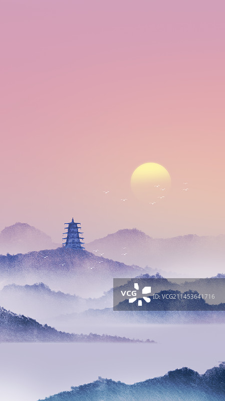 杭州宝塔落日新中式水墨山水风景插画图片素材