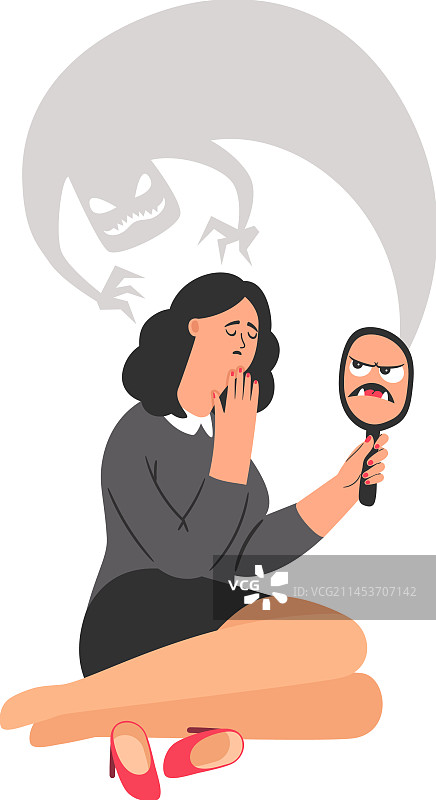 年轻女人看到自卑的可怕倒影图片素材