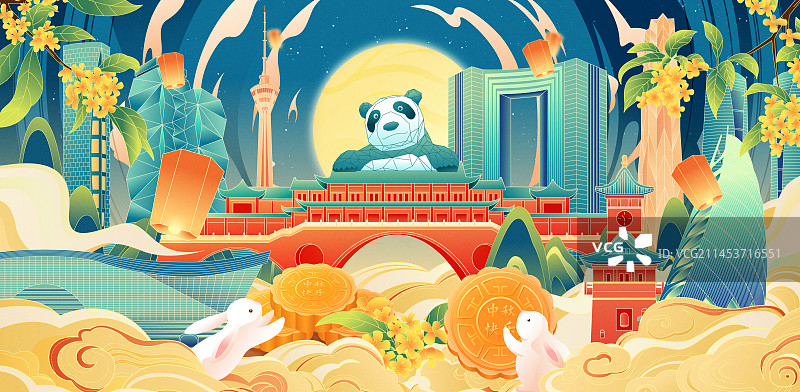 国风中秋节成都城市地标建筑矢量插画海报图片素材