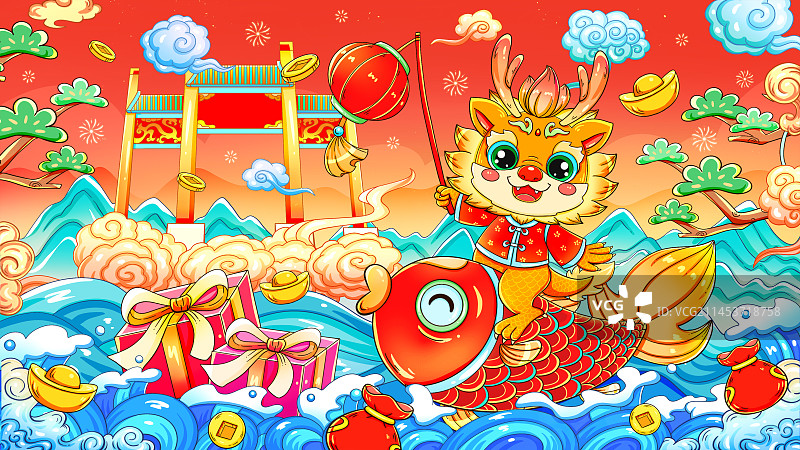 国潮喜庆龙年年年有余插画图片素材