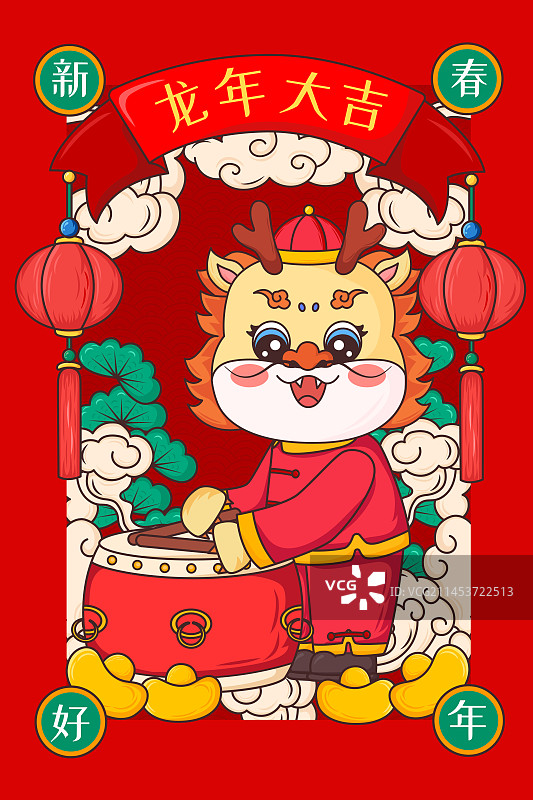 龙年春节国潮风插画图片素材