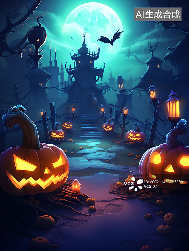【AI数字艺术】万圣节，夜晚，恐怖，城堡南瓜头，蝙蝠，插画图片素材
