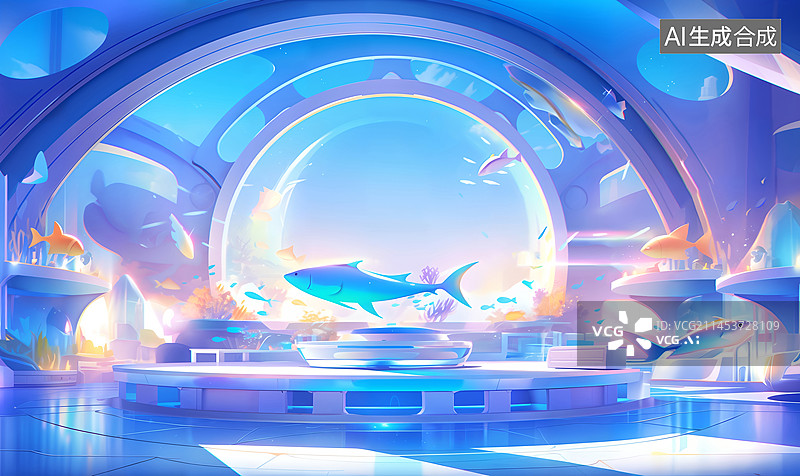 【AI数字艺术】未来海洋馆科技馆鱼群梦幻蓝紫色插画图片素材
