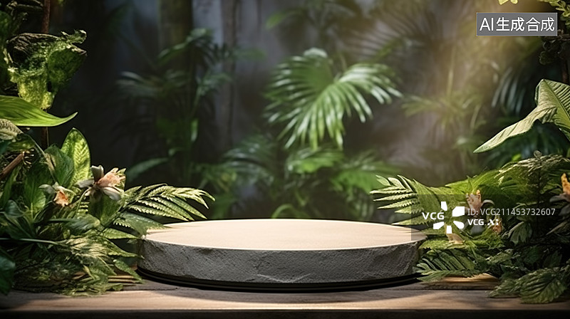 【AI数字艺术】热带雨林植物产品电商展台图片素材