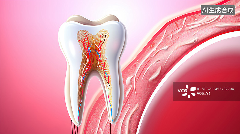 【AI数字艺术】牙齿健康医疗、切面牙齿、牙根的牙齿。医学、牙科设计、牙科健康。牙科健康概念。深龋、中龋和初龋。图片素材