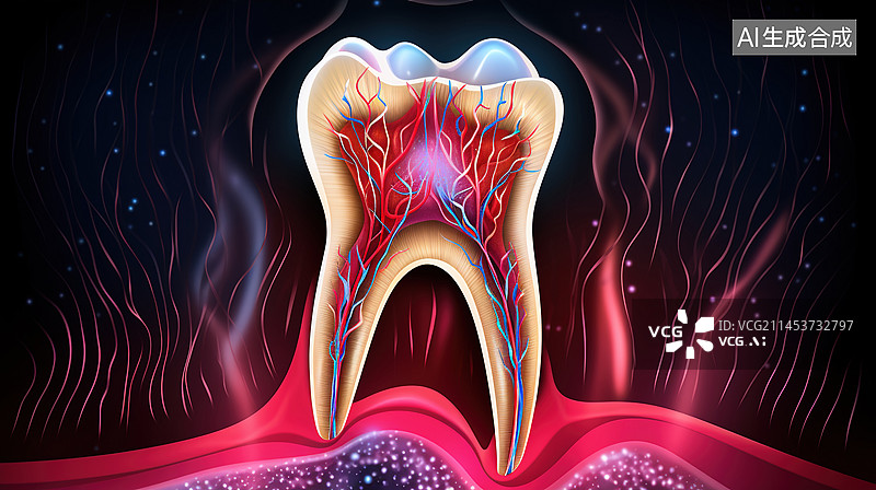 【AI数字艺术】牙齿健康医疗、切面牙齿、牙根的牙齿。医学、牙科设计、牙科健康。牙科健康概念。深龋、中龋和初龋。图片素材