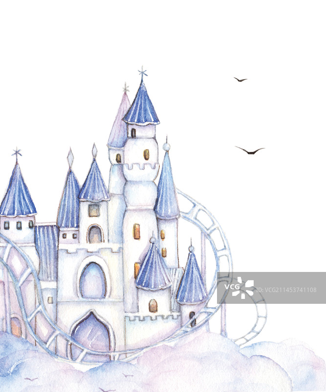 水彩手绘小清新云朵上的古堡城堡建筑童话风图片素材