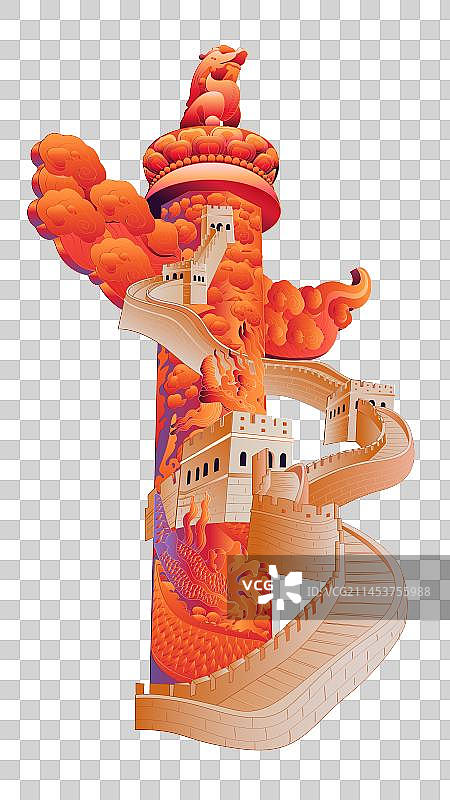 新国风镶嵌的长城和红色的华表柱免扣矢量插画图片素材