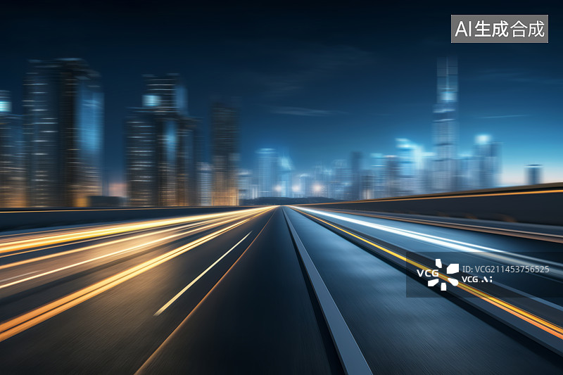 【AI数字艺术】现代城市天际线夜景与公路路面图片素材