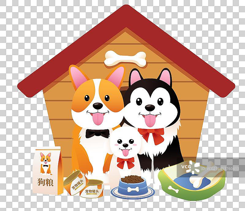 可爱宠物比熊柯基哈士奇狗屋狗粮宠物用品插画矢量元素图片素材