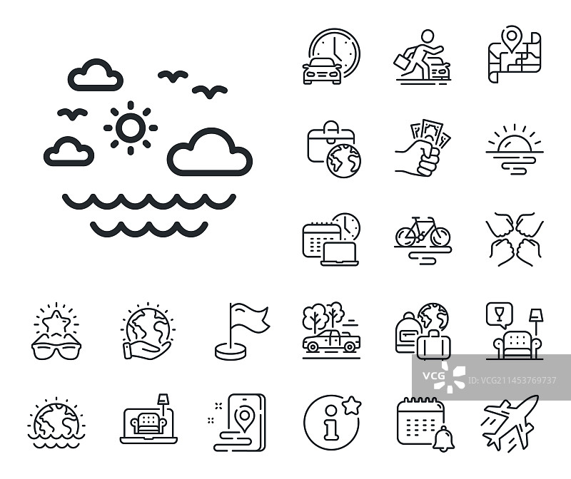 海洋旅行线性图标：阳光、云朵和海浪图片素材