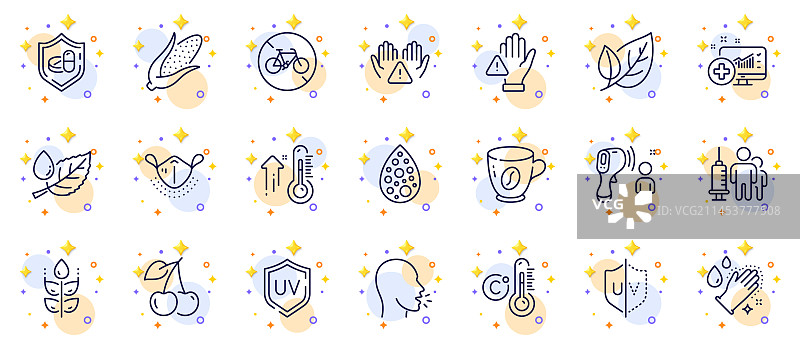 医用口罩、咖啡和咳嗽线性图标轮廓集图片素材