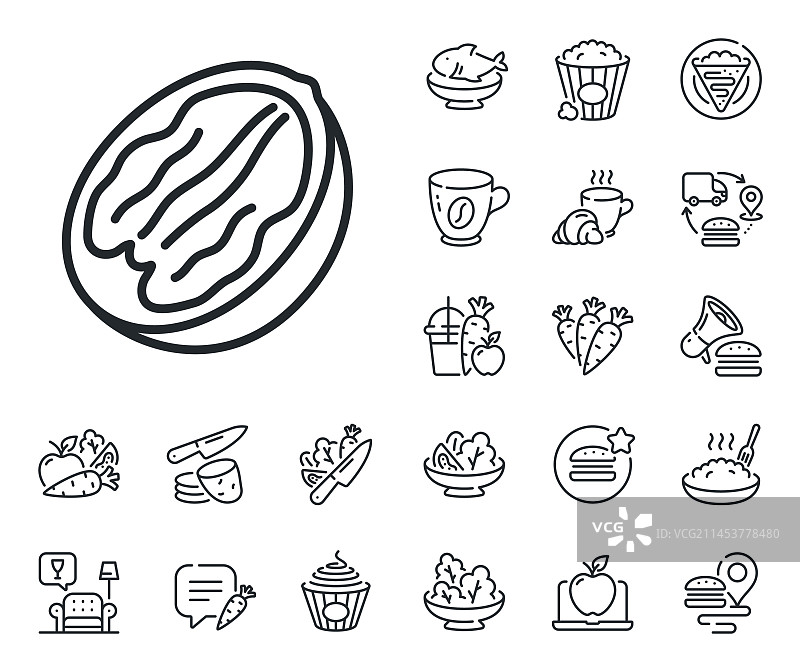 山核桃坚果线条图标，美味坚果标志，纯素食品图片素材