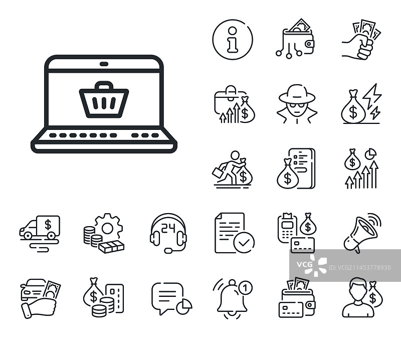 在线购物车线条图标：笔记本电脑和现金图片素材