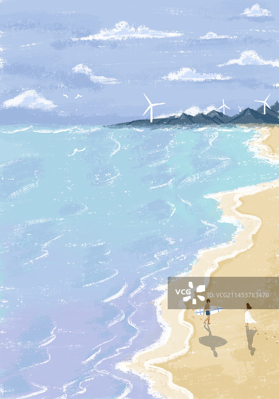 夏天季节海边情侣清新扁平插画图片素材
