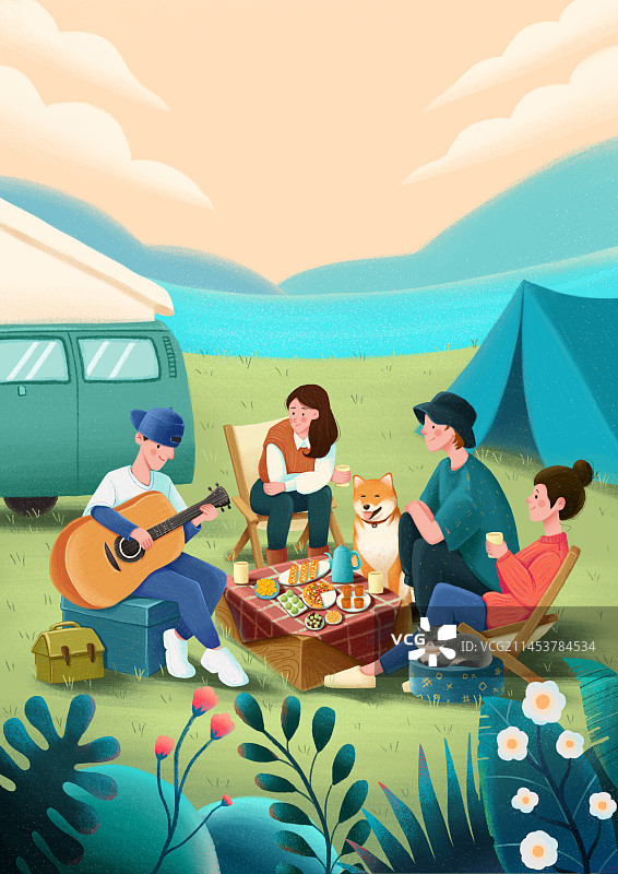 国庆假期旅游户外朋友宠物露营插画图片素材