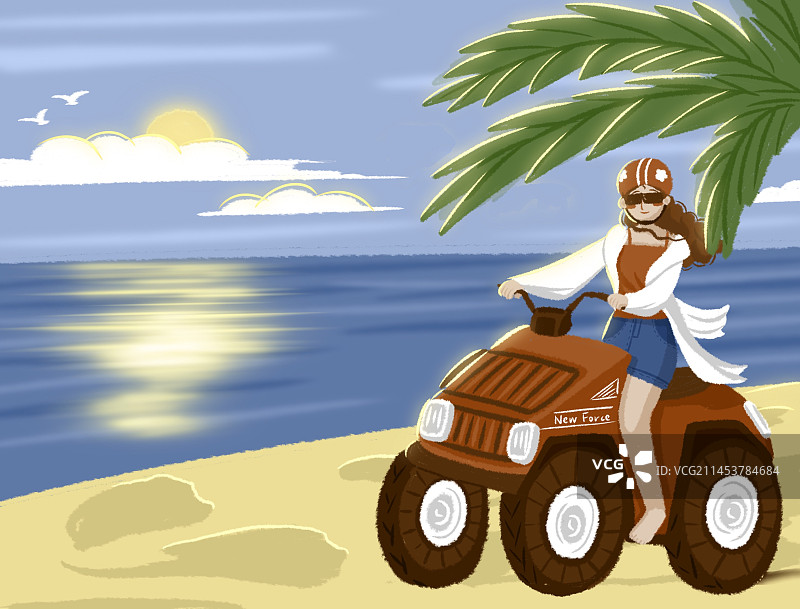 海边户外摩托沙滩车山地车夕阳插画图片素材