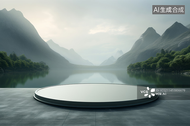 【AI数字艺术】绿色自然风景山水中的圆形平台展台背景图片素材