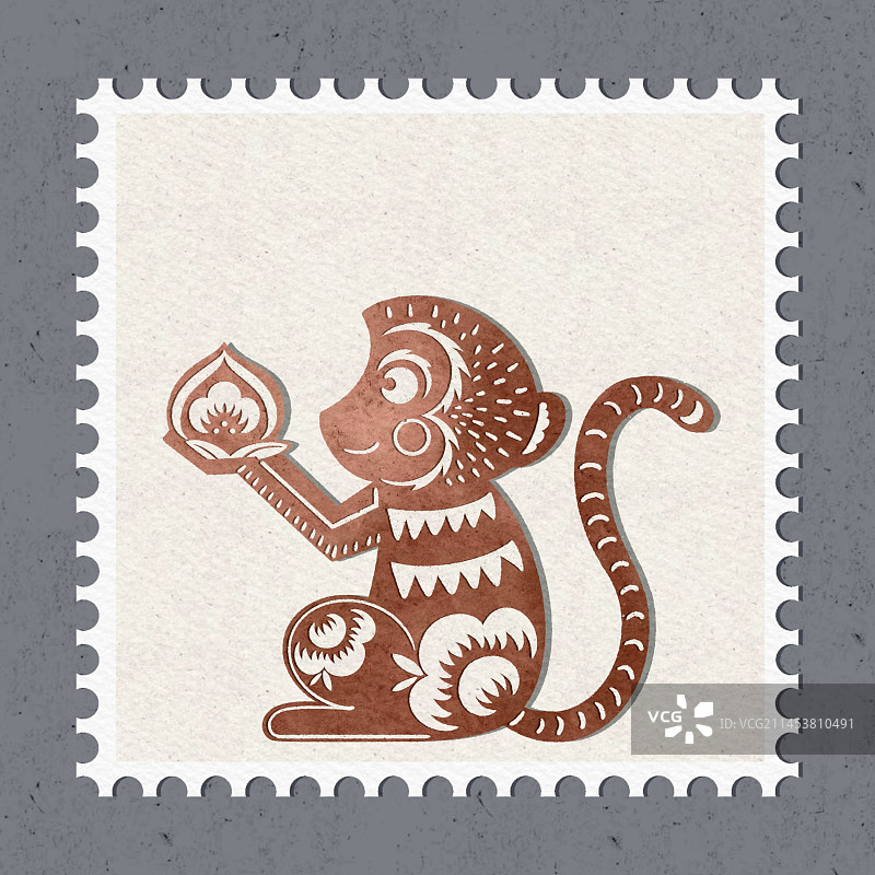 十二生肖剪纸插画邮票图案-生肖猴图片素材