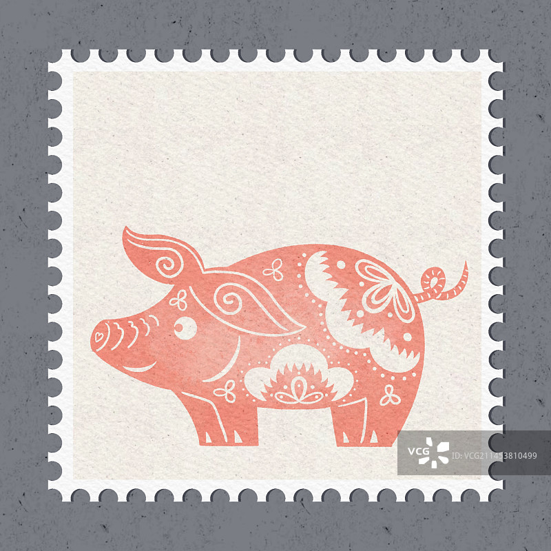 十二生肖剪纸插画邮票图案-生肖猪图片素材