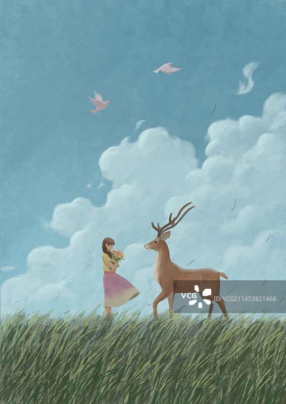 女孩与鹿图片素材