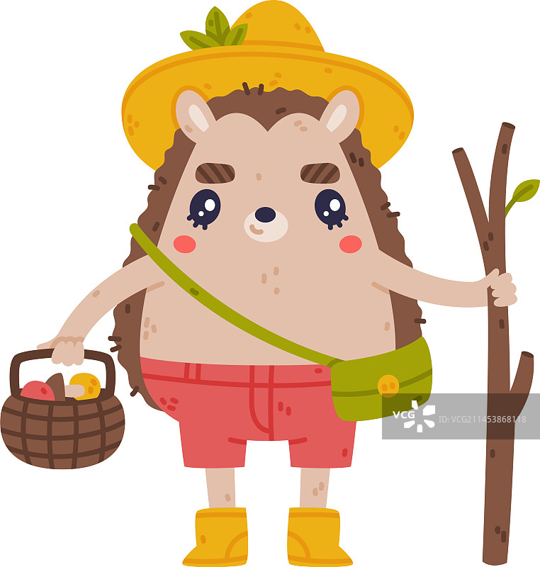 戴帽子和短裤的可爱刺猬角色站立图片素材