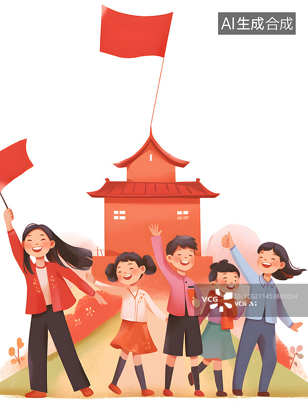 【AI数字艺术】国庆节孩子和老师拿着红旗开心的笑图片素材