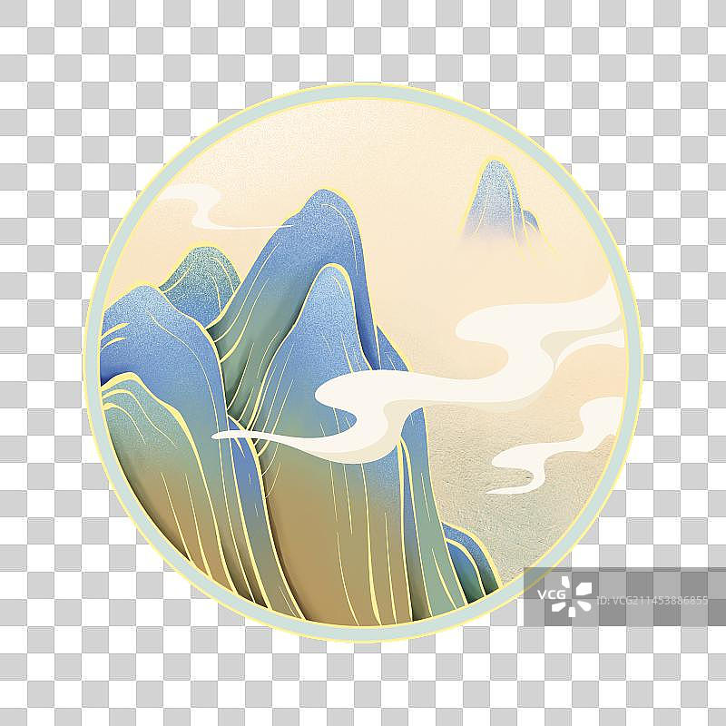 古风圆框青绿山水插画图片素材