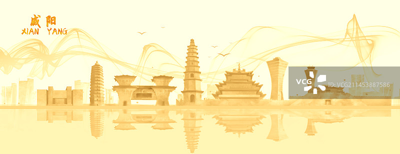 手绘金色建筑插画咸阳图片素材