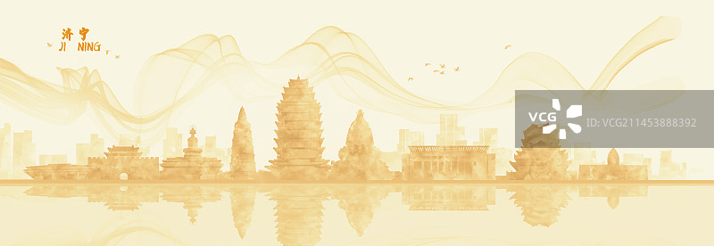 手绘济宁城市建筑插画图片素材