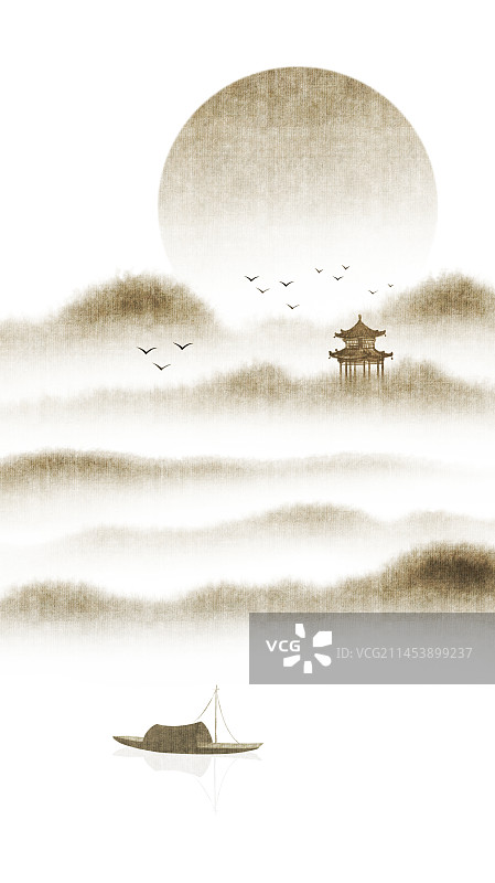 新中式水墨山水风景插画图片素材