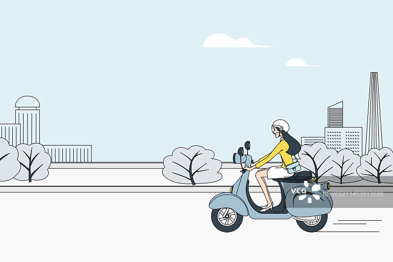 一个长发美女戴着头盔骑电动车在马路上行驶矢量插画图片素材