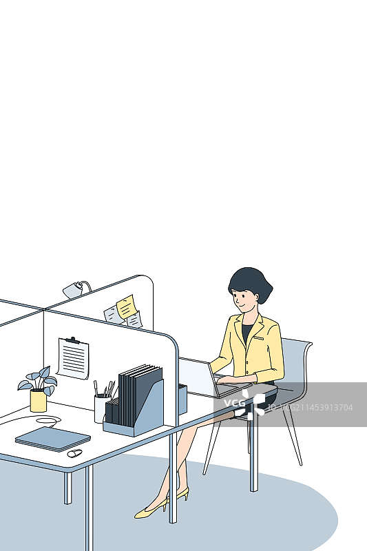 一个穿职业套装的短发美女坐着敲键盘工作场景矢量插画图片素材