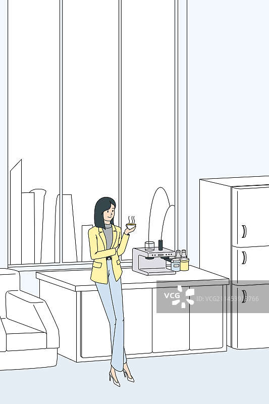 一个美女在茶水间站着喝咖啡矢量插画图片素材