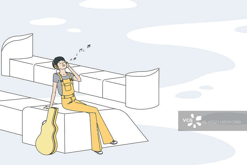 一个短发女孩戴着耳机坐着唱歌矢量插画图片素材