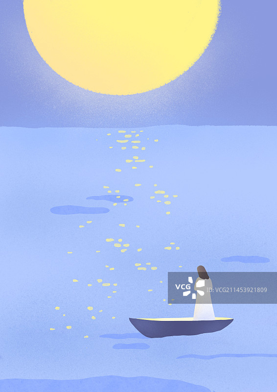 划向月亮的小船风景插画图片素材