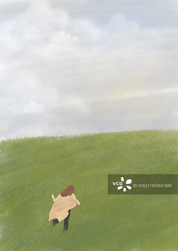在草坪里奔跑的女孩插画图片素材