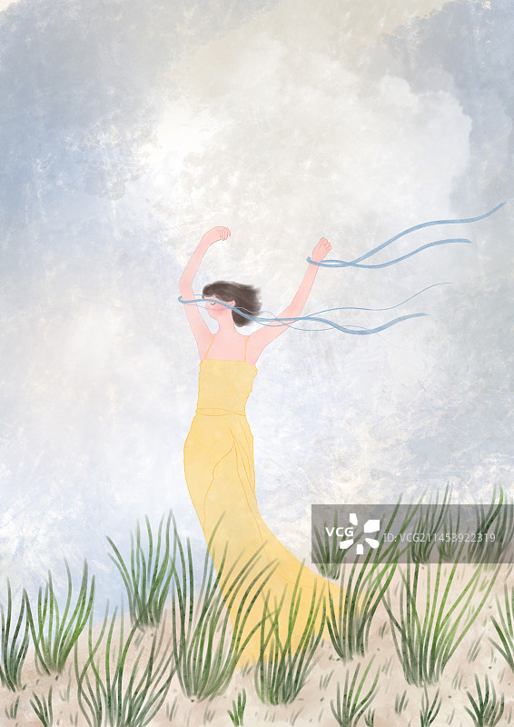 沙漠里随风起舞的女孩风景插画图片素材