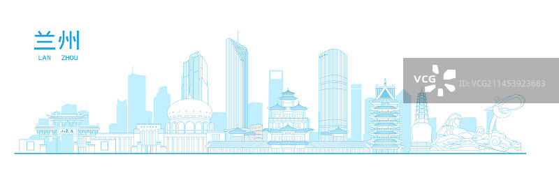 兰州城市地标建筑蓝色矢量插画海报图片素材
