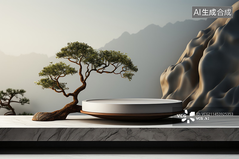 【AI数字艺术】中式盆景假山背景墙木质平台展台图片素材