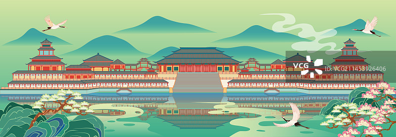 国风地标系列—国潮风金华 横店秦王宫矢量插画图片素材