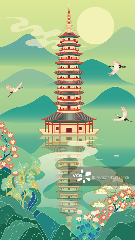 国风地标系列—国潮风金华万佛塔矢量插画图片素材