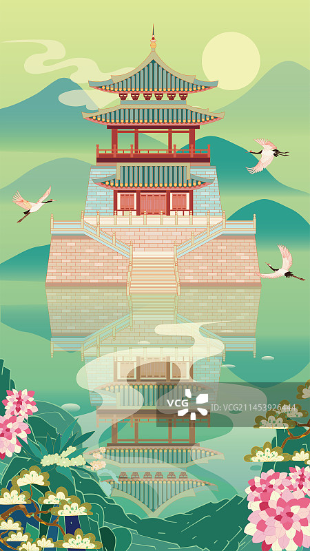 国风地标系列—国潮风九江 琵琶亭矢量插画图片素材