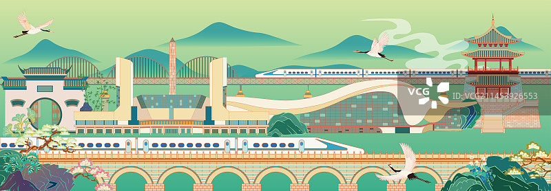 国风地标系列—国潮风九江地标建筑群矢量插画图片素材