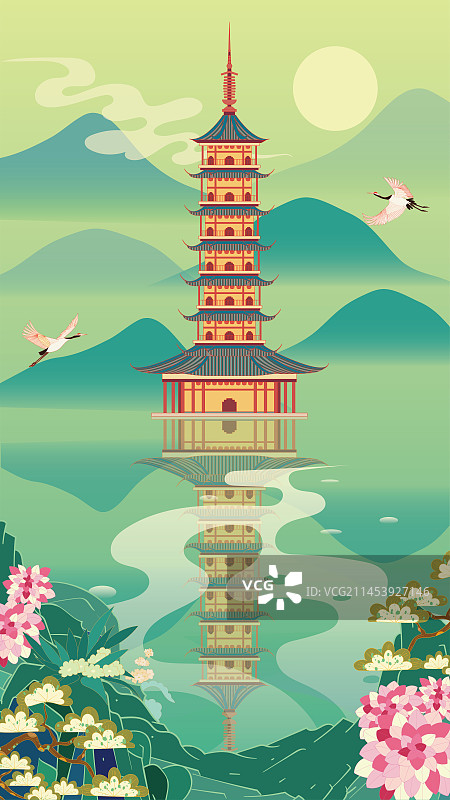 国风地标系列—国潮风无锡妙光塔矢量插画图片素材
