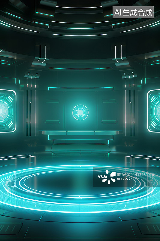 【AI数字艺术】未来科技感数据中心计算机机房圆形平台绿色背景图图片素材